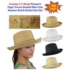 NEW C.C Mujer&apos;s Paper Woven Beaded Slim Trim Summer Beach Bucket CC Sun Hat  eb-11243242